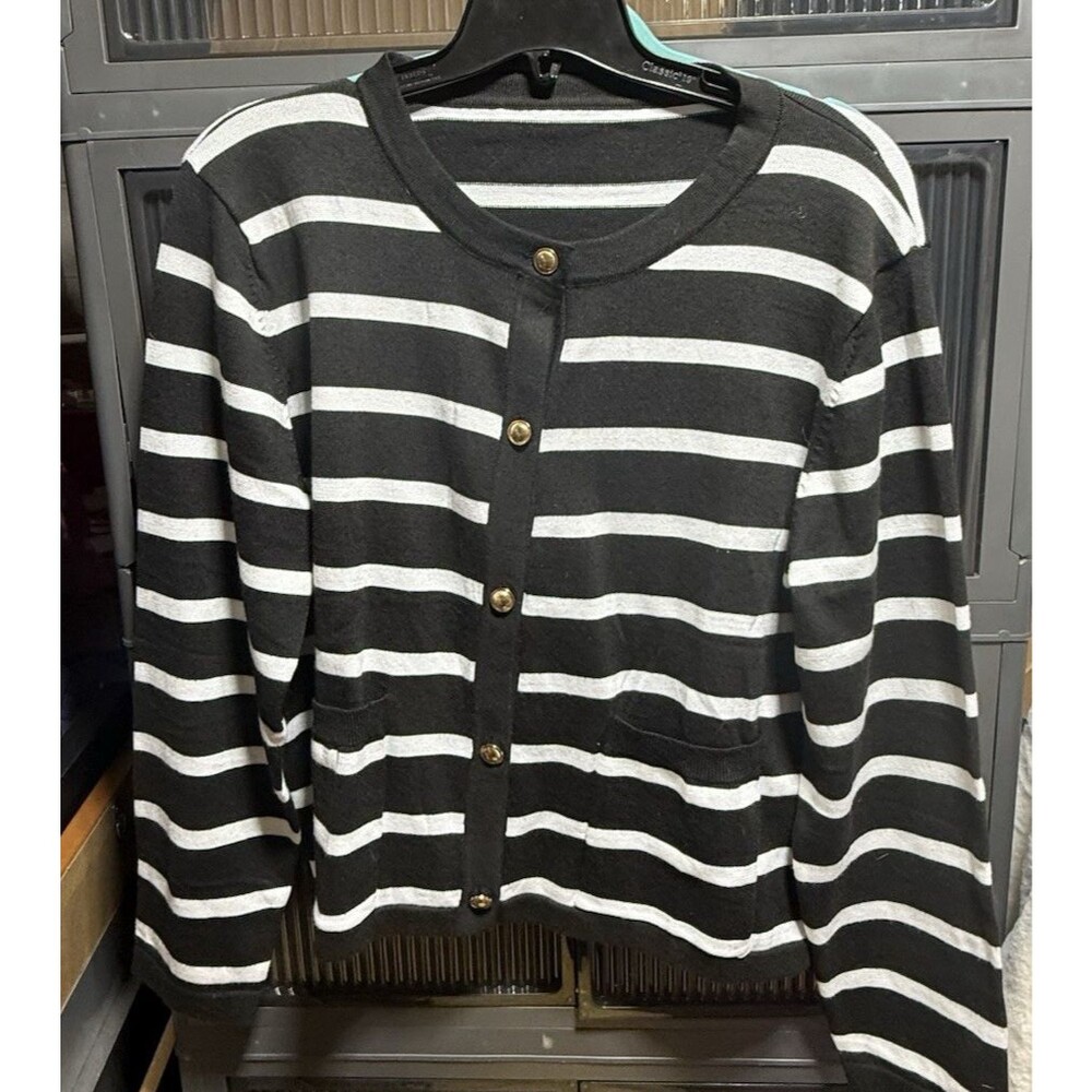 Women's XXL Black White Striped Cardigan Sweater Button Front Knit NWT